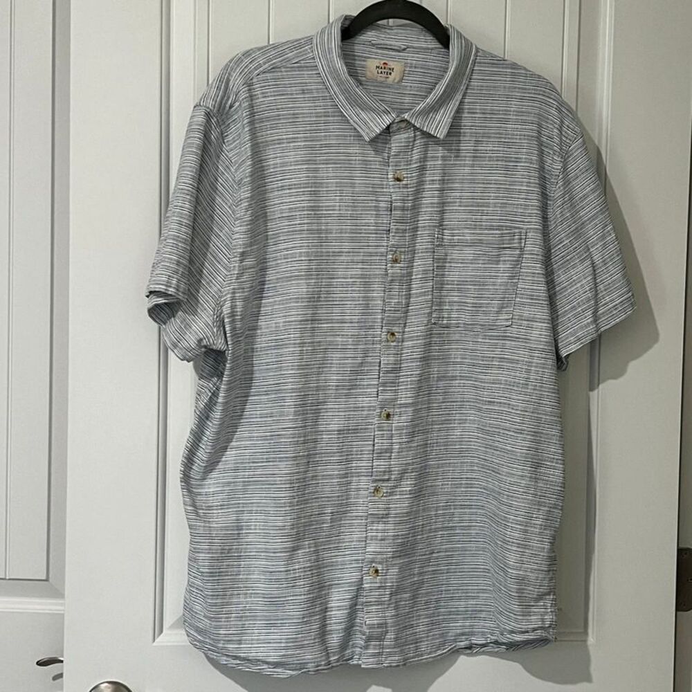 Marine Layer Stretch Selvage Shirt Mens XXL Blue Gray Stripe Short Sleeve 15791